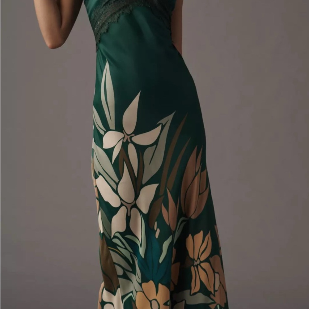 Anthropologie -bl-nk- label Emerald Green Satin Floral Maxi Dress - Picture 3 of 11